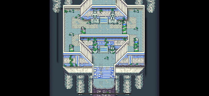 A pixel art depiction of a multi-tiered stone temple with columns, staircases, statues, and trailing vines. (Captioned by AI)