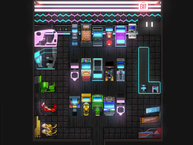 The image depicts a top-down view of a neon-lit arcade filled with various gaming machines, an ATM, and an exit sign at the top. (Captioned by AI)