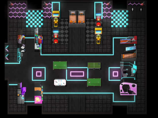 The image depicts a top-down view of a neon-lit arcade with racing games, gaming tables, and various machines. (Captioned by AI)