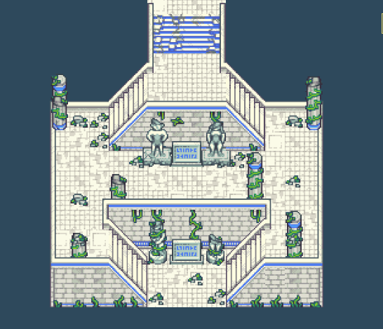 An intricately designed, pixel-art scene of a ancient stone temple featuring statues, pillars covered with vines, and scattered small plants. (Captioned by AI)