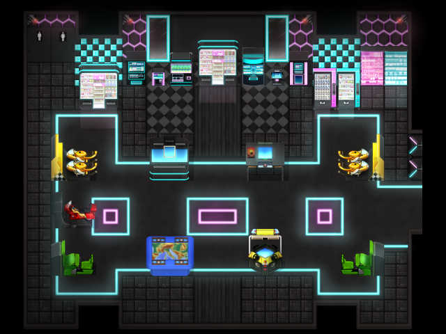 This image shows a futuristic, neon-lit arcade room with gaming stations, consoles, and seating areas. (Captioned by AI)